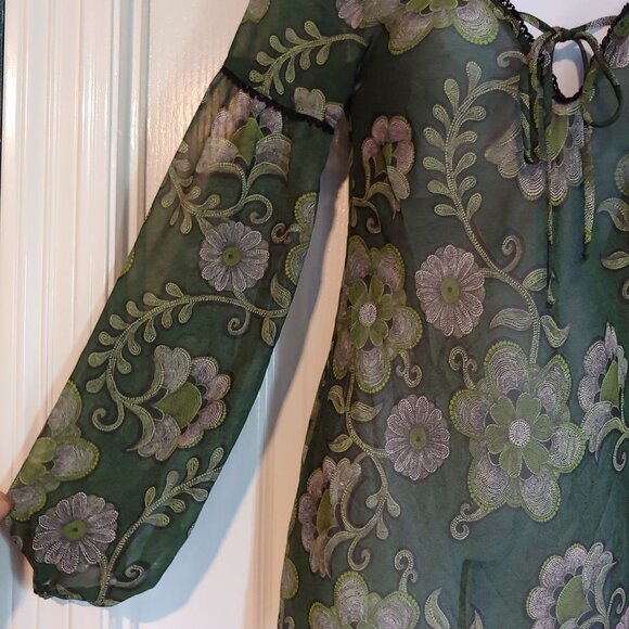 Ing Y2K Boho Sheer Floral Green Flowy Long Puff Sleeve Top M Hippie - Picture 6 of 14